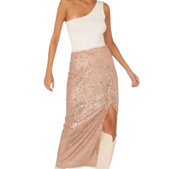 🤗HP Free People Ariana 0, 4, 8 Pink Champagne Allover Sequin Slit Maxi Skirt - Picture 12 of 12